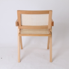 Solid Wood Rattan Armchair Dining Pierre Jeanneret Style Dining Chair with Rattan Seat