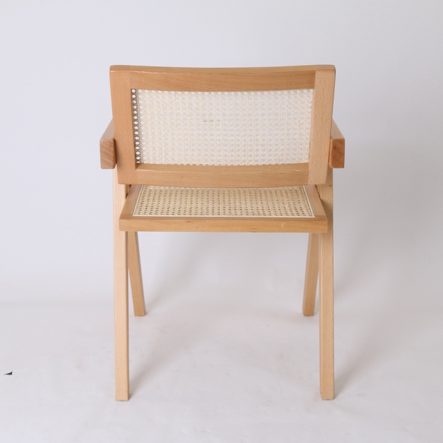 Solid Wood Rattan Armchair Dining Pierre Jeanneret Style Dining Chair with Rattan Seat