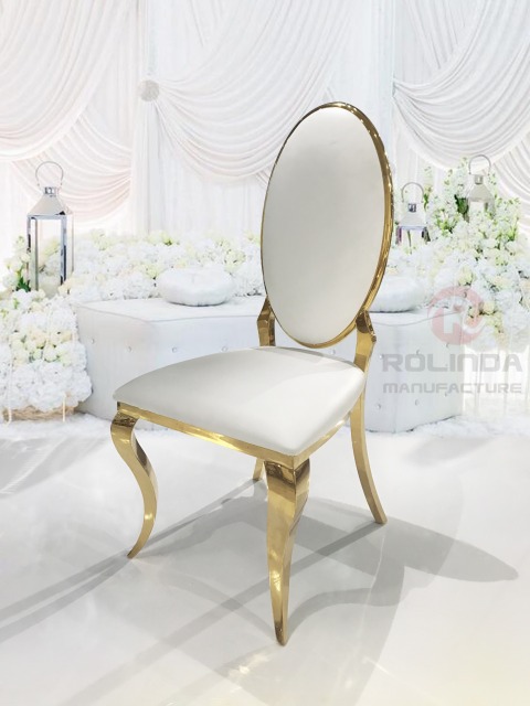 Wholesale White oval backrest, white leather, golden stainless steel wedding banquet chair