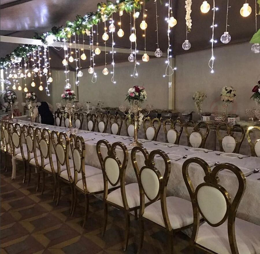 Heart shaped hollow stainless steel chair, white cushion, metal backrest, banquet hall chair for Wedding