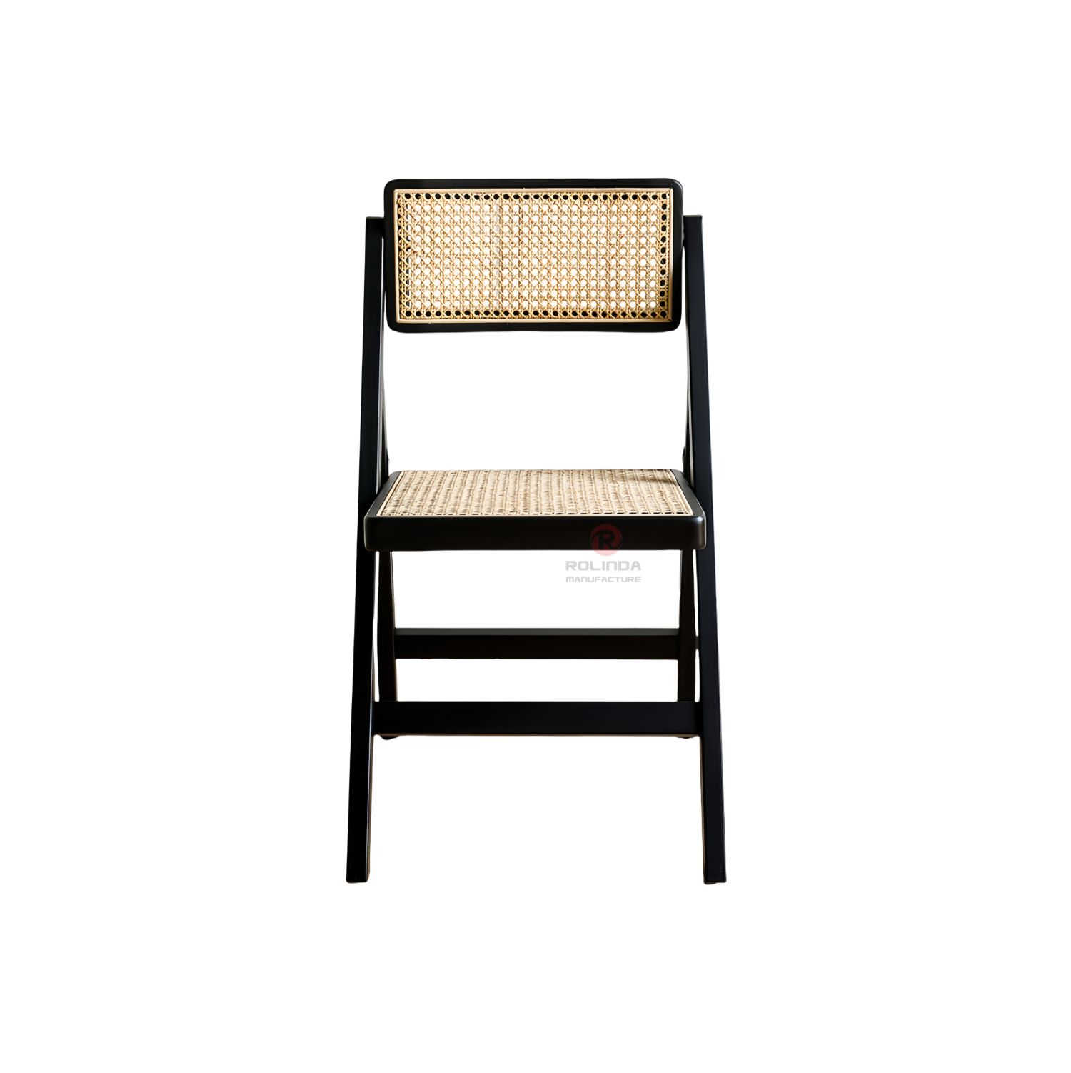 Black solid wood frame high quality natural rattan hand-woven folding chair