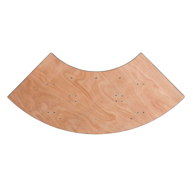 Indoor events, wedding reception space, flexible scalloped table S-shaped plywood table