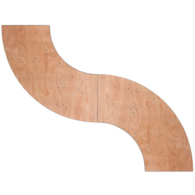 Indoor events, wedding reception space, flexible scalloped table S-shaped plywood table