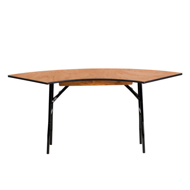 Indoor events, wedding reception space, flexible scalloped table S-shaped plywood table