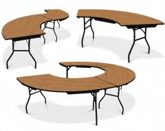 Indoor events, wedding reception space, flexible scalloped table S-shaped plywood table