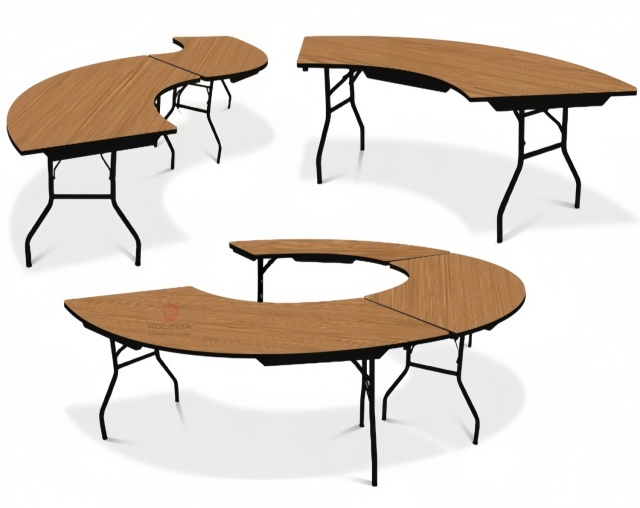 Indoor events, wedding reception space, flexible scalloped table S-shaped plywood table