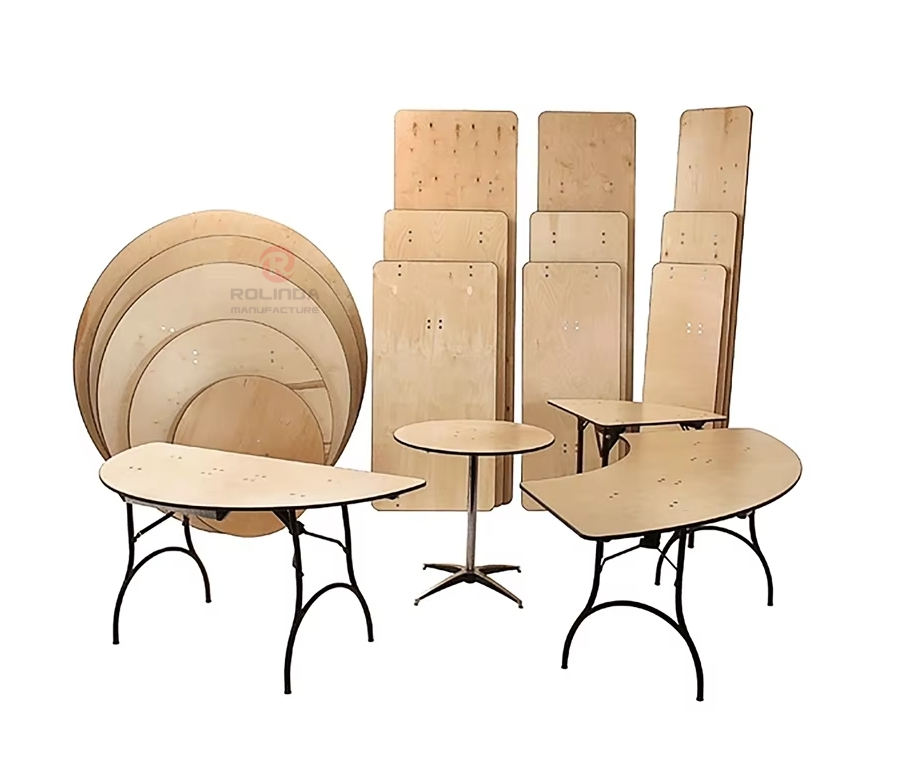Original wood color wedding banquet living room foldable semi-round plywood metal table