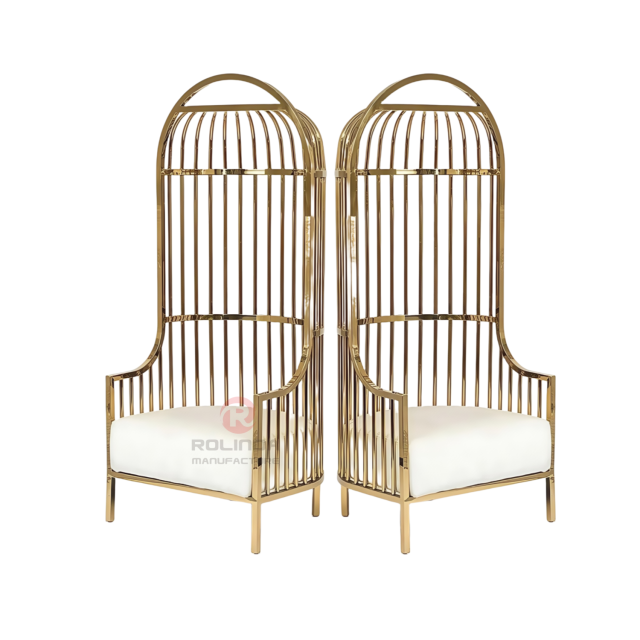 Luxury high-back metal bird cage shape hotel cafe living room stainless steel chairs