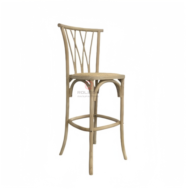 Rattan cushion multi-cross back Hotel restaurant high bar chair Solid wood frame chair Willow Barstool