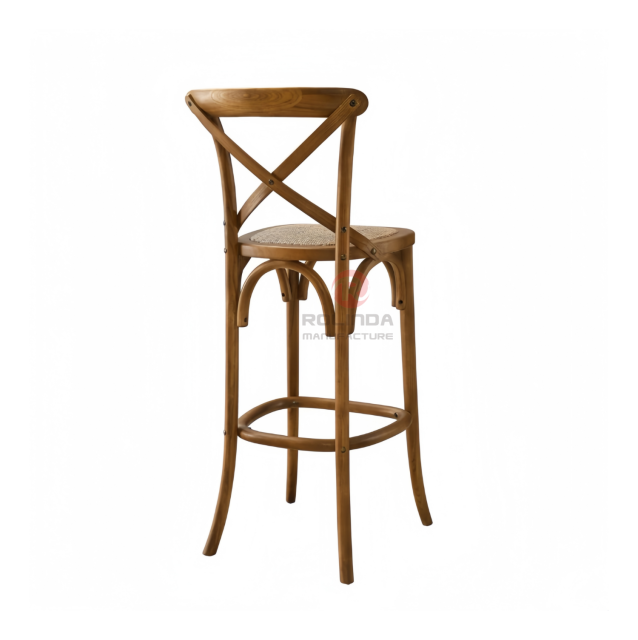 Dark stackable Hotel Cafe High Bar chairs Rattan upholstered solid wood cross-backed chairs