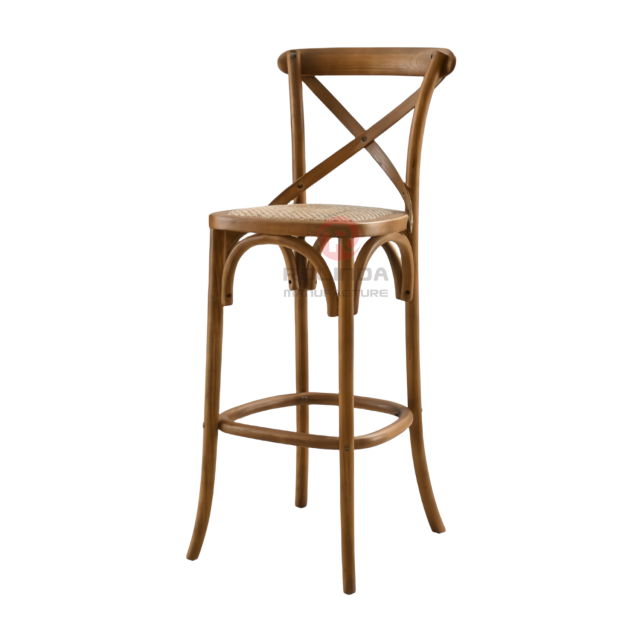 Dark stackable Hotel Cafe High Bar chairs Rattan upholstered solid wood cross-backed chairs