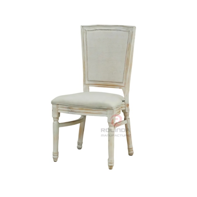 White restaurant banquet soft cushion rectangular backrest solid wood frame chair
