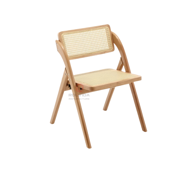 Light wood-colored living room party rattan backrest cushion solid wood frame folding chair