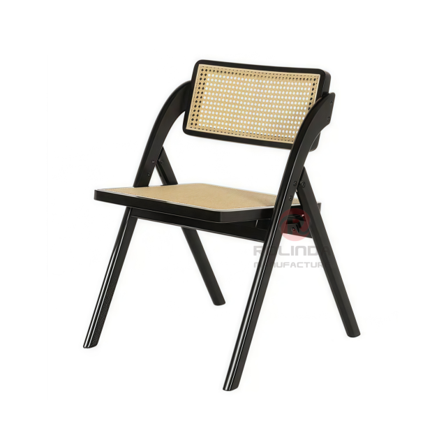 Black wedding hotel restaurant rattan backrest cushion solid wood folding chair