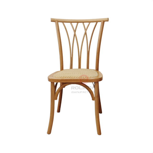 Natural wood color tavern restaurant wicker cushions solid wood bistro cross back chair