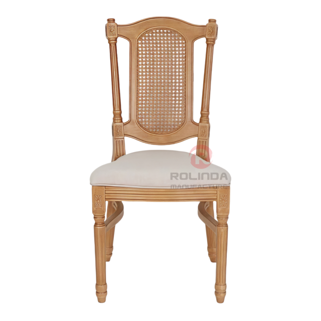 Wood-colored spray-painted hotel wedding stackable PP imitation wood grain soft padded Louis chair
