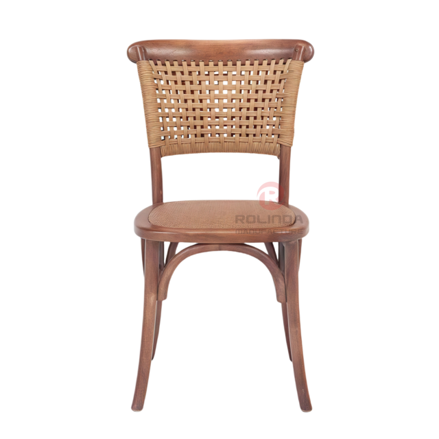 Dark outdoor wedding banquet PP wood-grain frame rattan woven backrest cushion chair