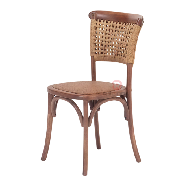 Dark outdoor wedding banquet PP wood-grain frame rattan woven backrest cushion chair