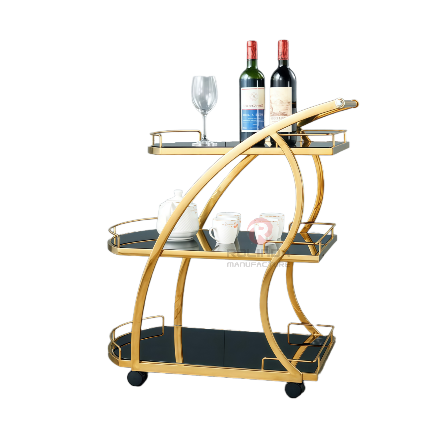 Double-layer hand-pushed movable stainless steel frame food cart