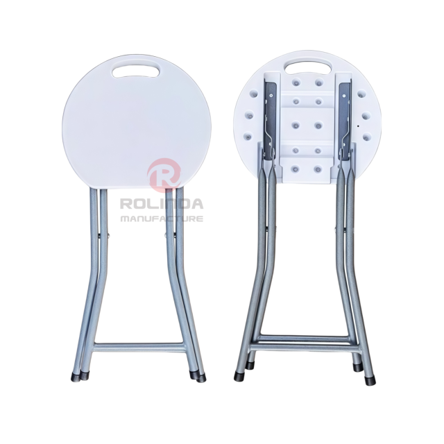 Modern bedroom outdoor coated metal frame and HDPE plastic panel portable round HDPE folding stool