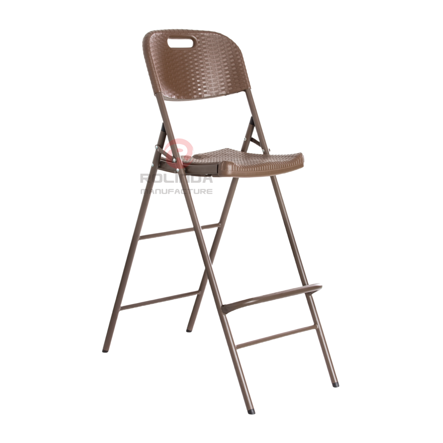 Brown Bar Outdoor Restaurant Woven Pattern Plastic Panel Coated Steel Frame High HDPE Folding Bar Chair
