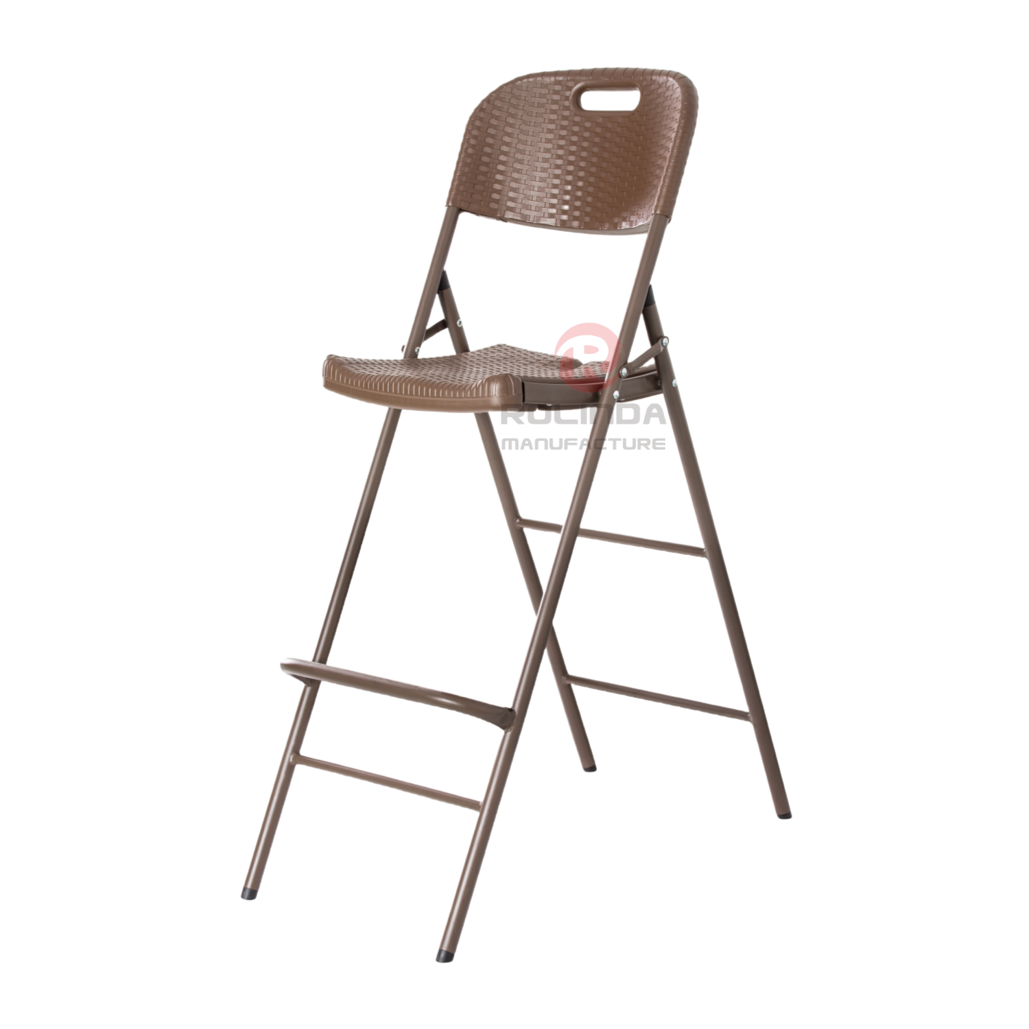 Brown Bar Outdoor Restaurant Woven Pattern Plastic Panel Coated Steel Frame High HDPE Folding Bar Chair