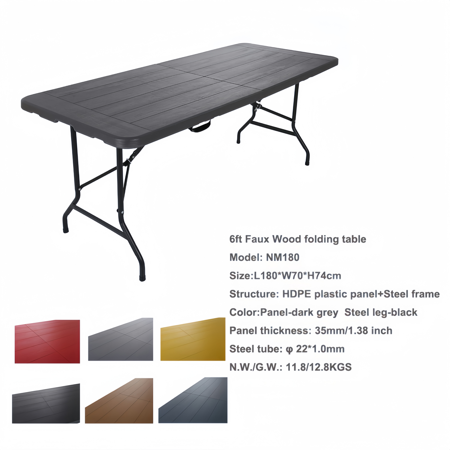 Outdoor deck camping waterproof and rust-proof 6ft HDPE panel steel frame structure imitation Faux Wood folding table