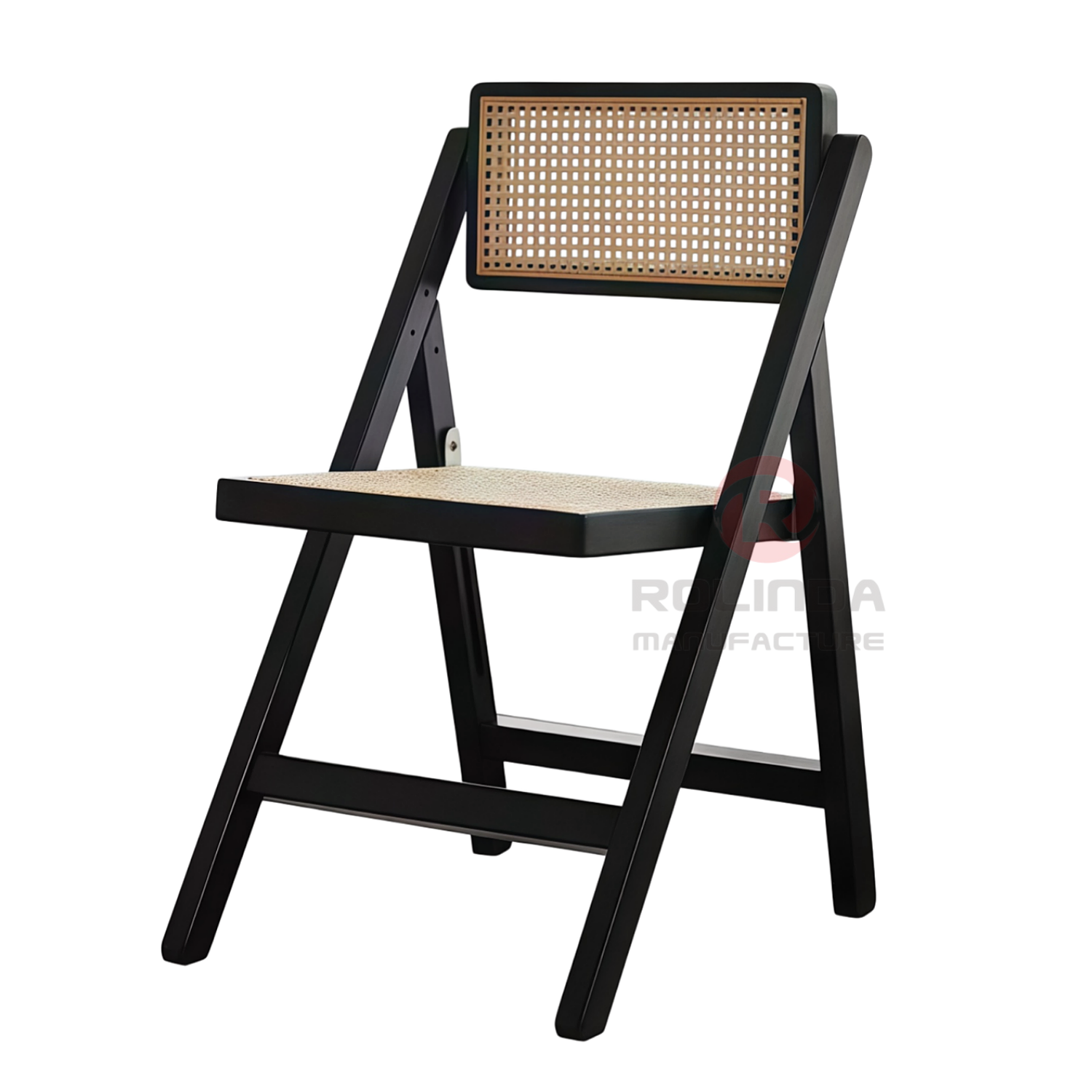 Black solid wood frame high quality natural rattan hand-woven folding chair