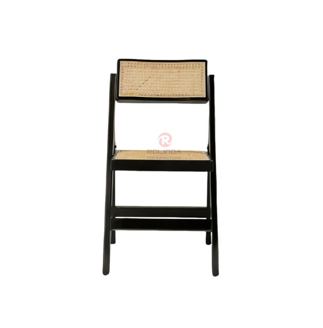 Black solid wood frame high quality natural rattan hand-woven folding chair