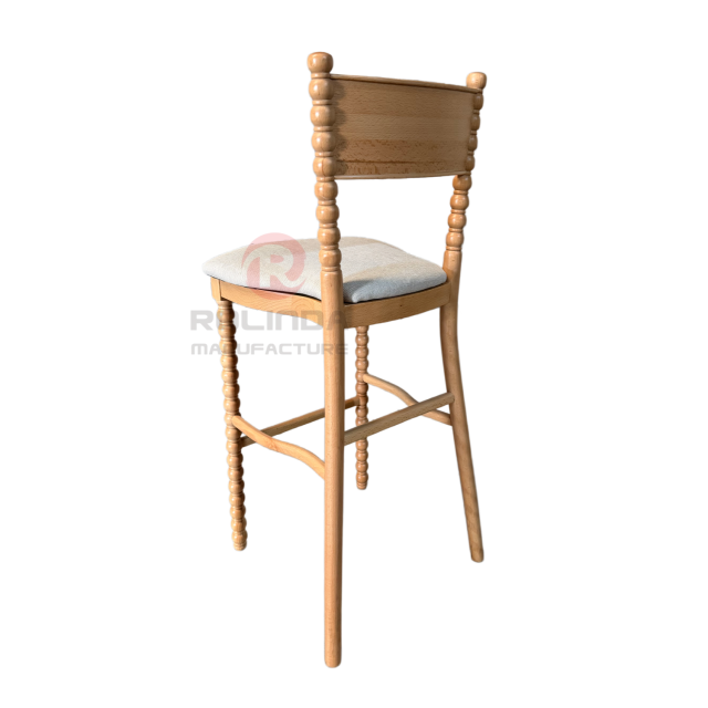 Solid Beech Wood Bobbin Spindle High Barstool with Upholstered Seat