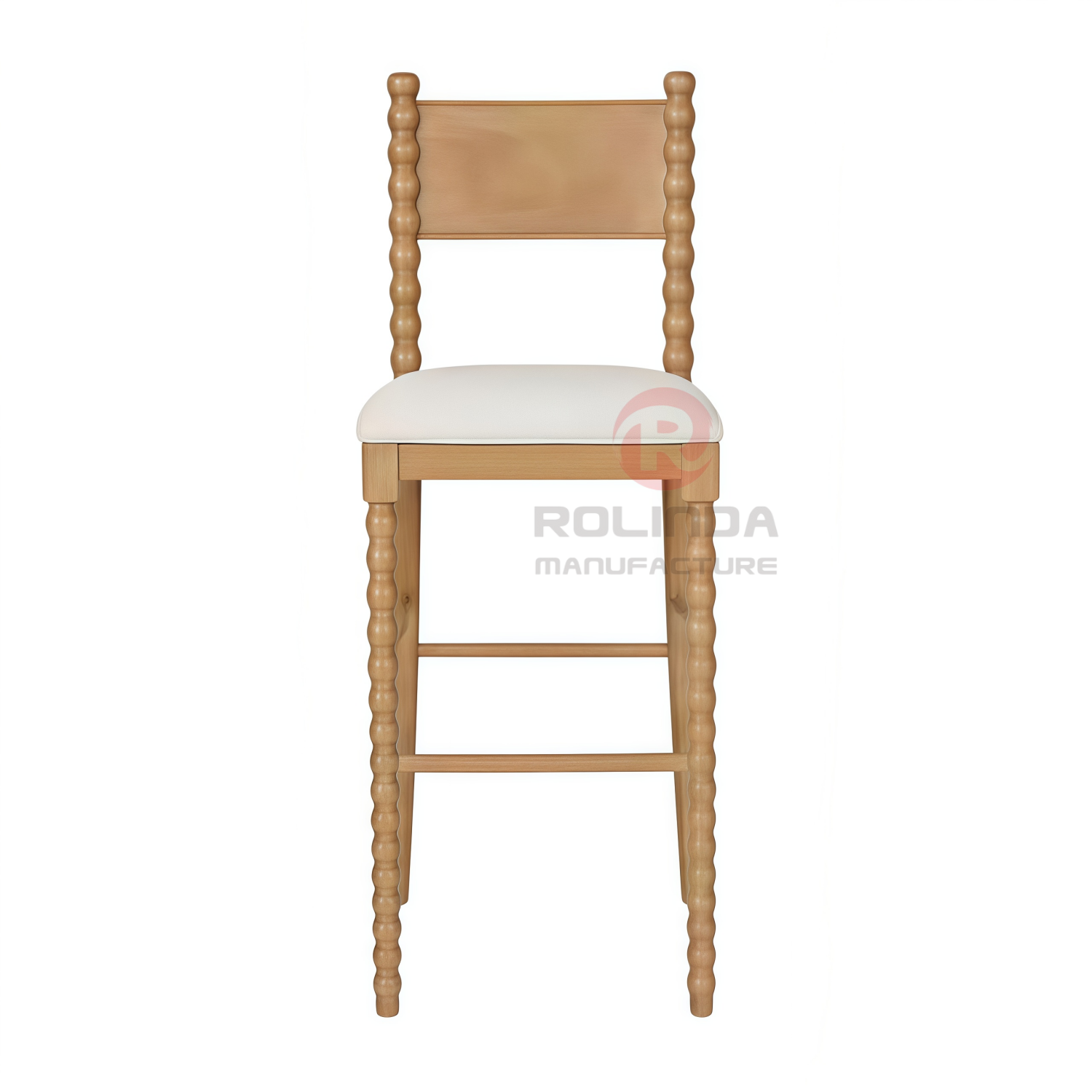 Solid Beech Wood Bobbin Spindle High Barstool with Upholstered Seat