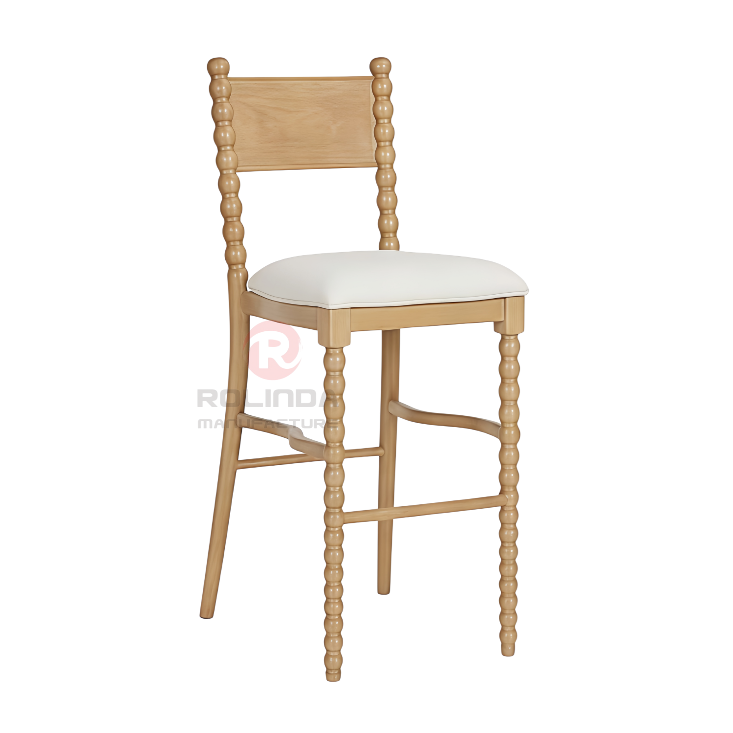 Solid Beech Wood Bobbin Spindle High Barstool with Upholstered Seat