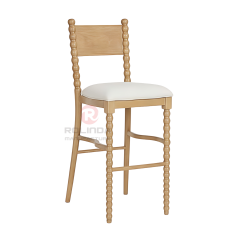 Solid Beech Wood Bobbin Spindle High Barstool with Upholstered Seat