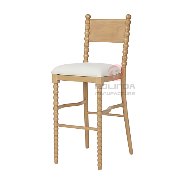 Solid Beech Wood Bobbin Spindle High Barstool with Upholstered Seat