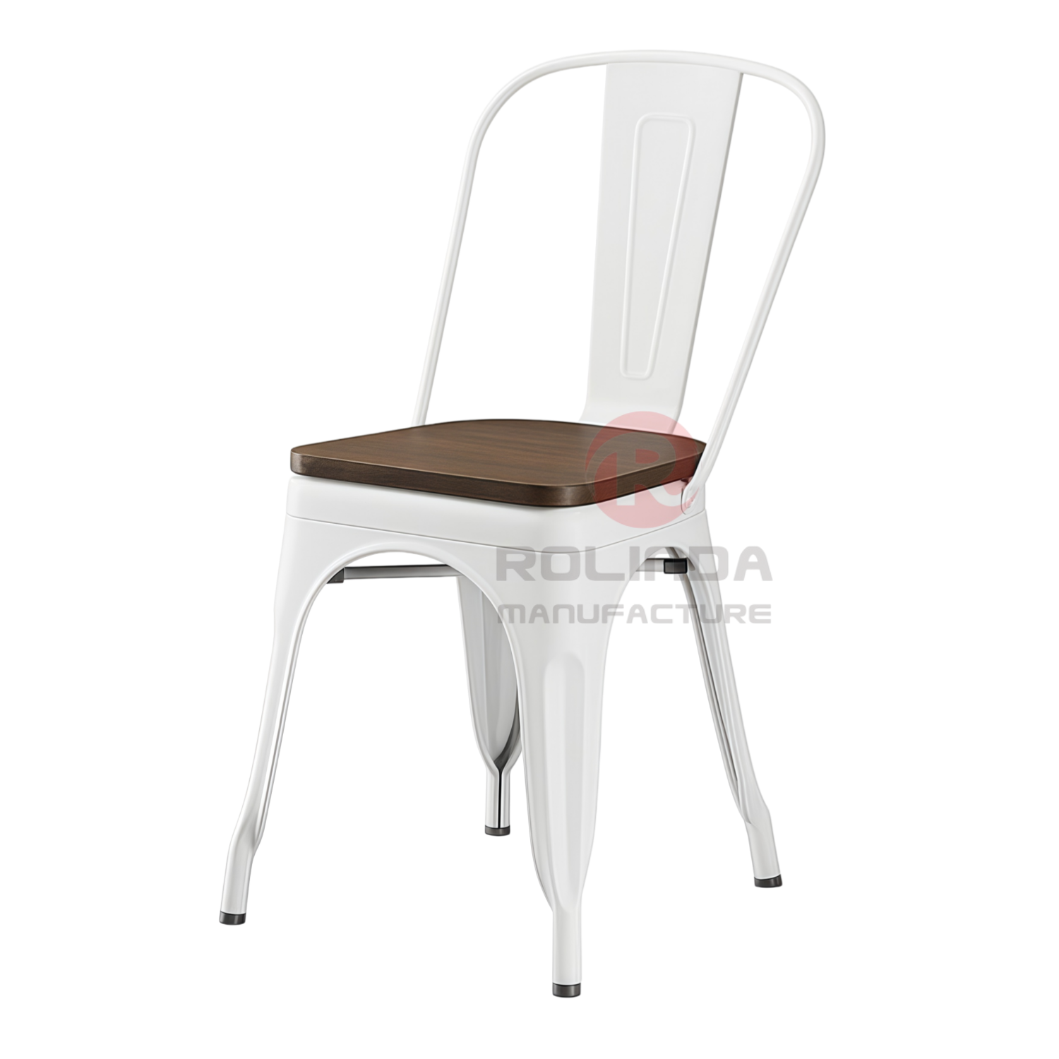 Vintage White Stackable Metal Bistro Chair with Natural Wood Seat Side Dining Chair