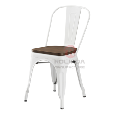 Vintage White Stackable Metal Bistro Chair with Natural Wood Seat Side Dining Chair