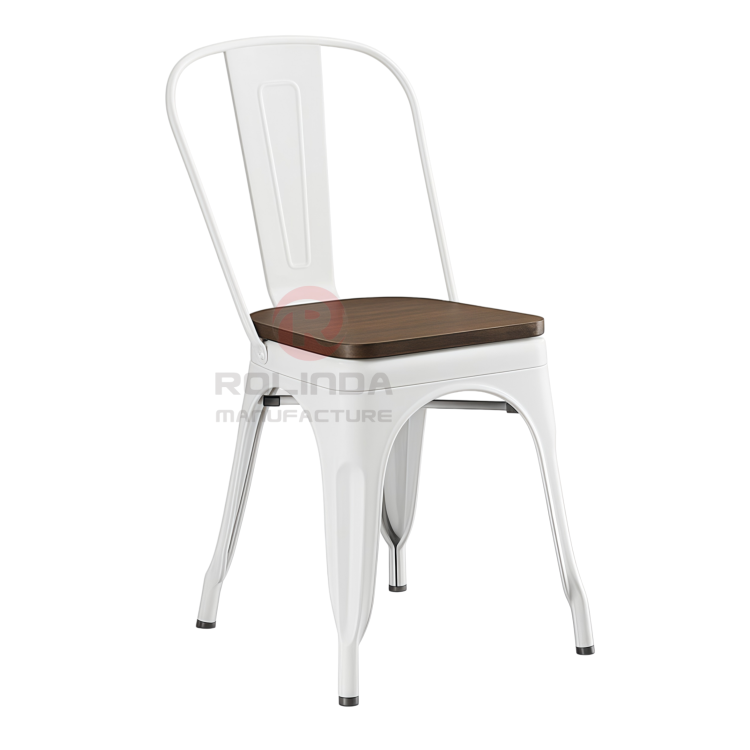 Vintage White Stackable Metal Bistro Chair with Natural Wood Seat Side Dining Chair