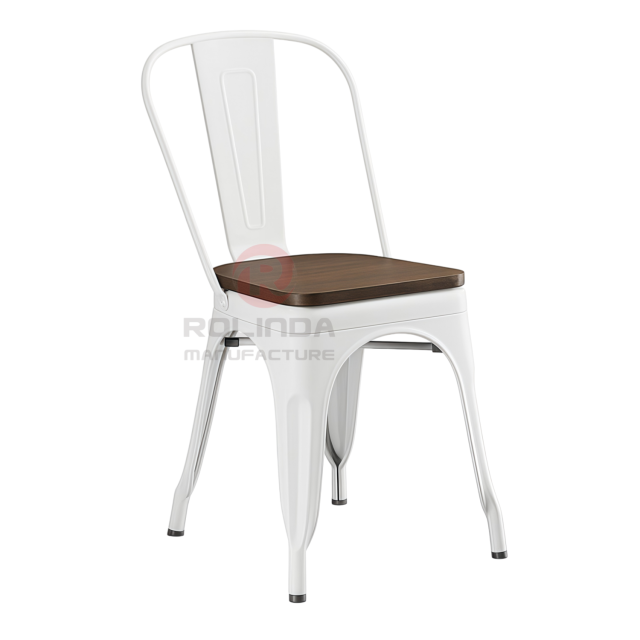 Vintage White Stackable Metal Bistro Chair with Natural Wood Seat Side Dining Chair