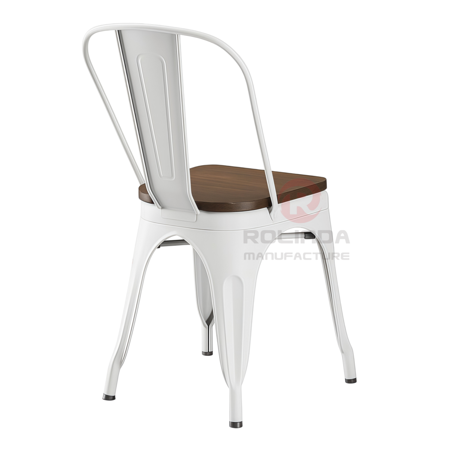 Vintage White Stackable Metal Bistro Chair with Natural Wood Seat Side Dining Chair