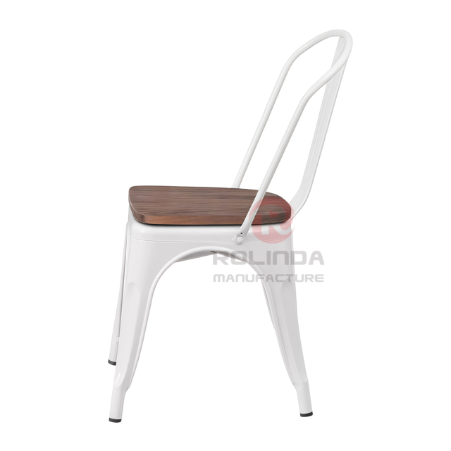 Vintage White Stackable Metal Bistro Chair with Natural Wood Seat Side Dining Chair
