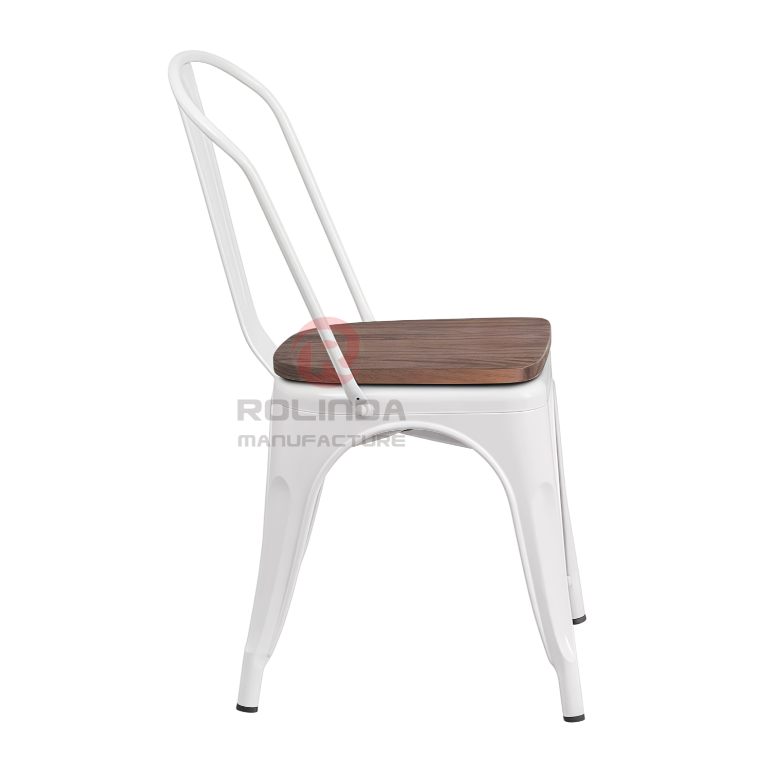 Vintage White Stackable Metal Bistro Chair with Natural Wood Seat Side Dining Chair