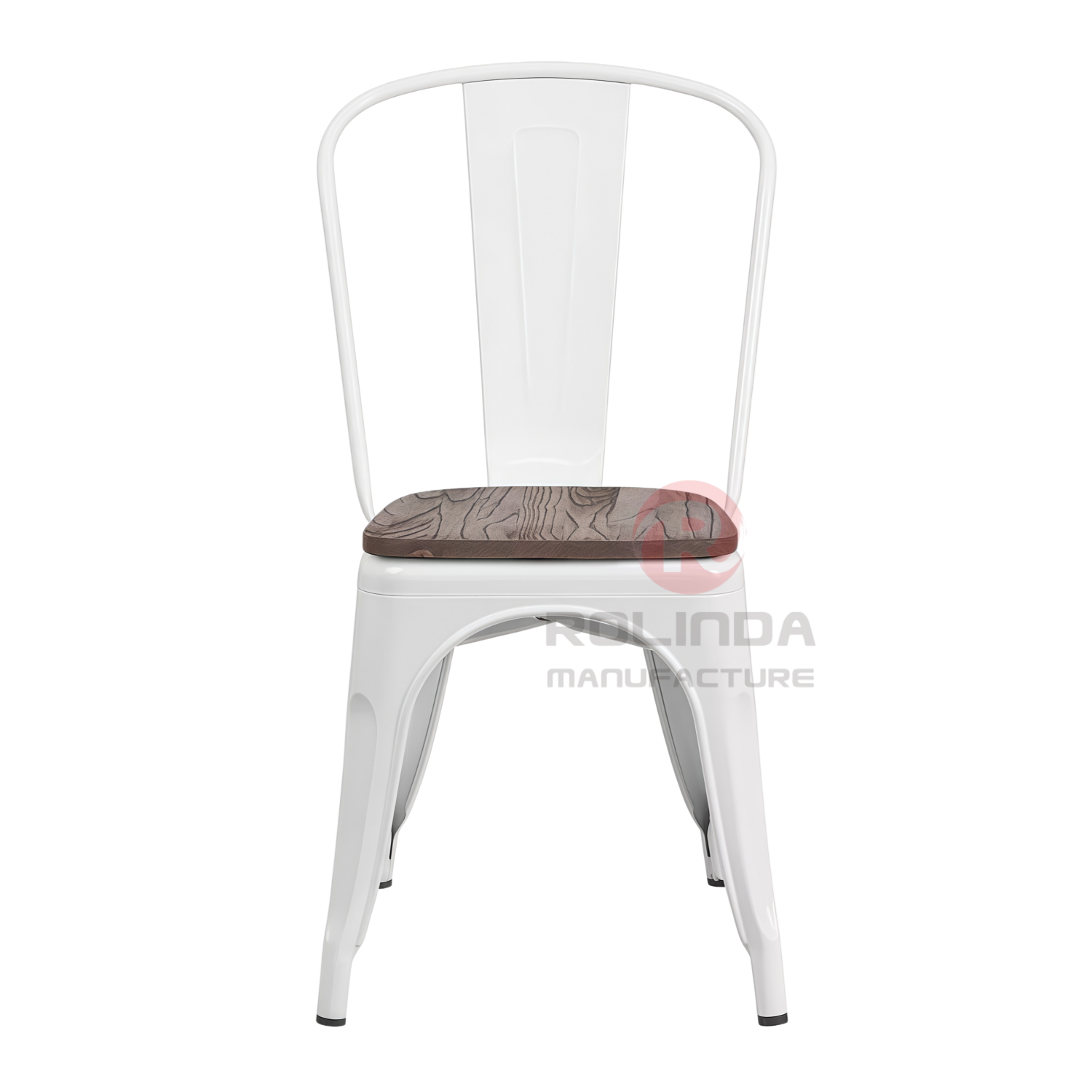 Vintage White Stackable Metal Bistro Chair with Natural Wood Seat Side Dining Chair