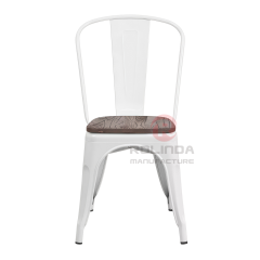 Vintage White Stackable Metal Bistro Chair with Natural Wood Seat Side Dining Chair
