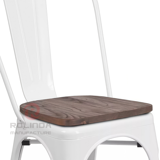 Vintage White Stackable Metal Bistro Chair with Natural Wood Seat Side Dining Chair