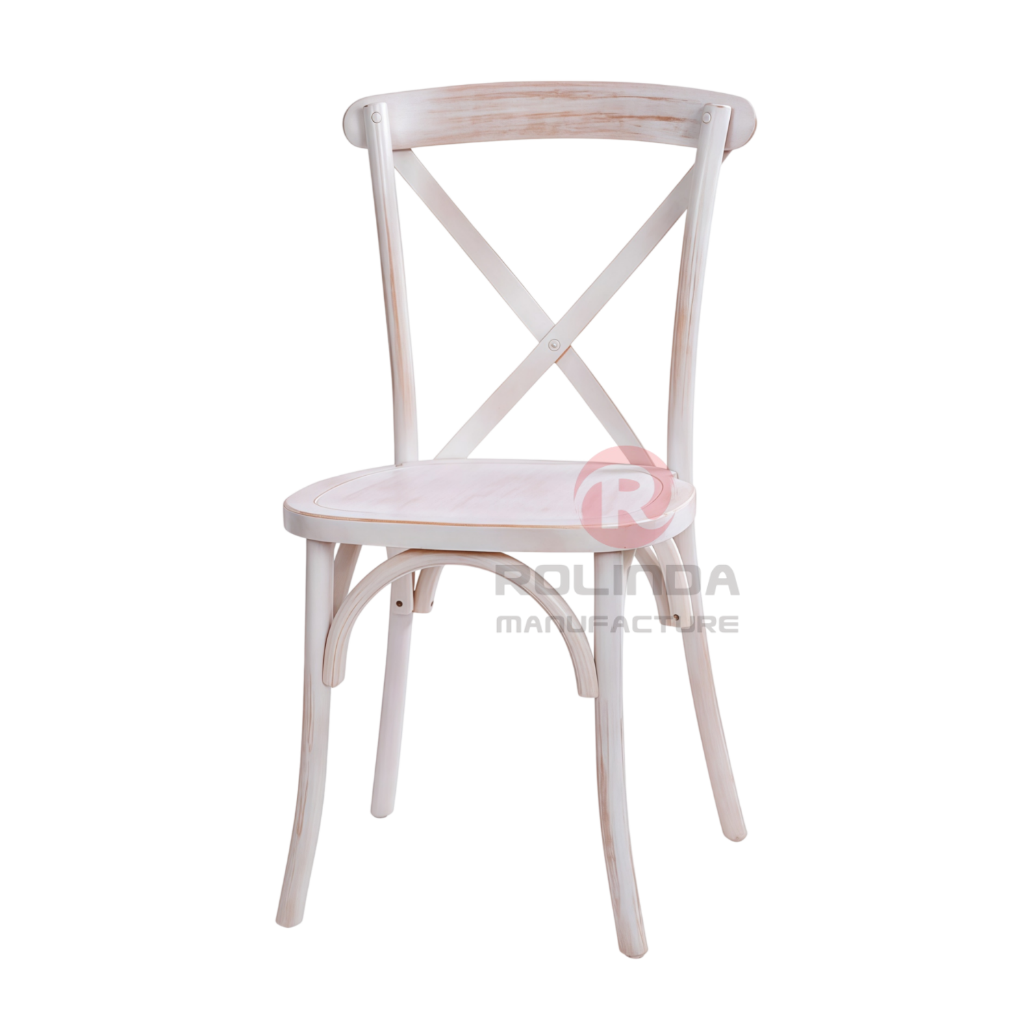 Distressed White Elm Wood Cross Back Dining Chair Vintage Country Bistro Chair for Banquet Halls