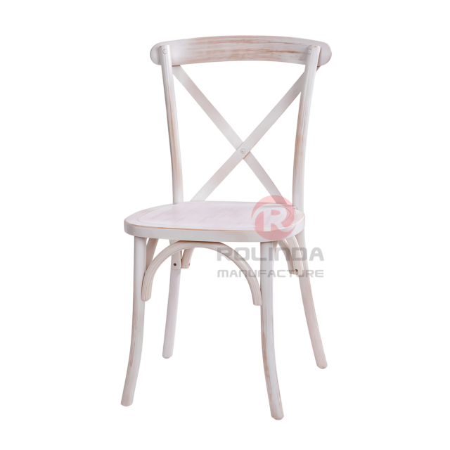 Distressed White Elm Wood Cross Back Dining Chair Vintage Country Bistro Chair for Banquet Halls