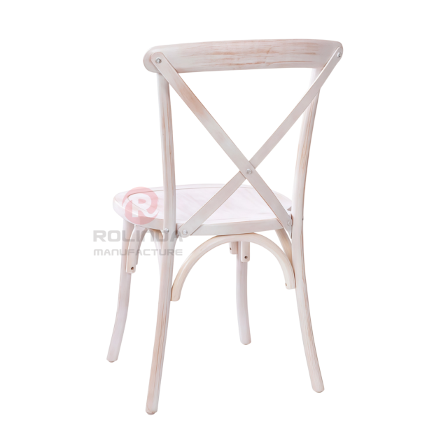 Distressed White Elm Wood Cross Back Dining Chair Vintage Country Bistro Chair for Banquet Halls