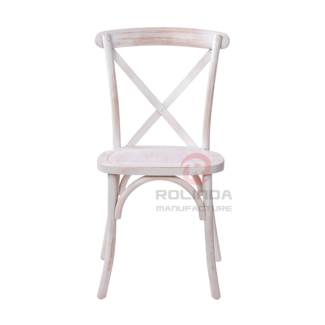 Distressed White Elm Wood Cross Back Dining Chair Vintage Country Bistro Chair for Banquet Halls