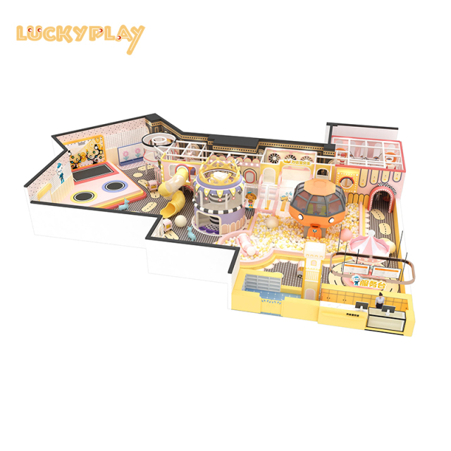 Two levels of indoor playground equipment