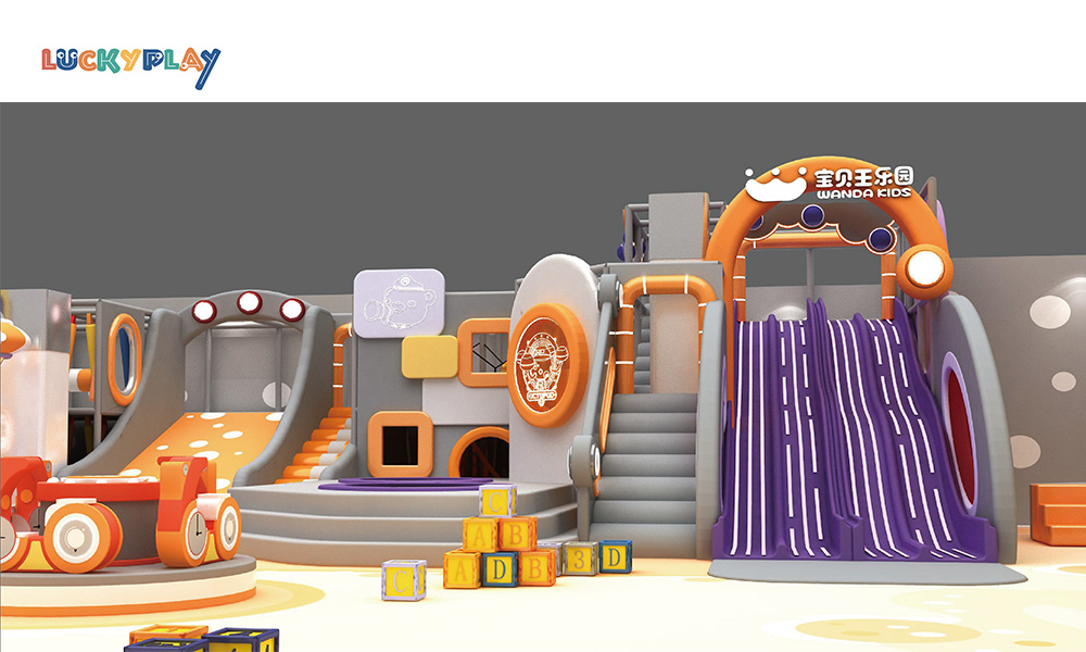 Custom LED neon Adventure Maze indoor playground with multiple crazy slides, ball pits and climbing areas